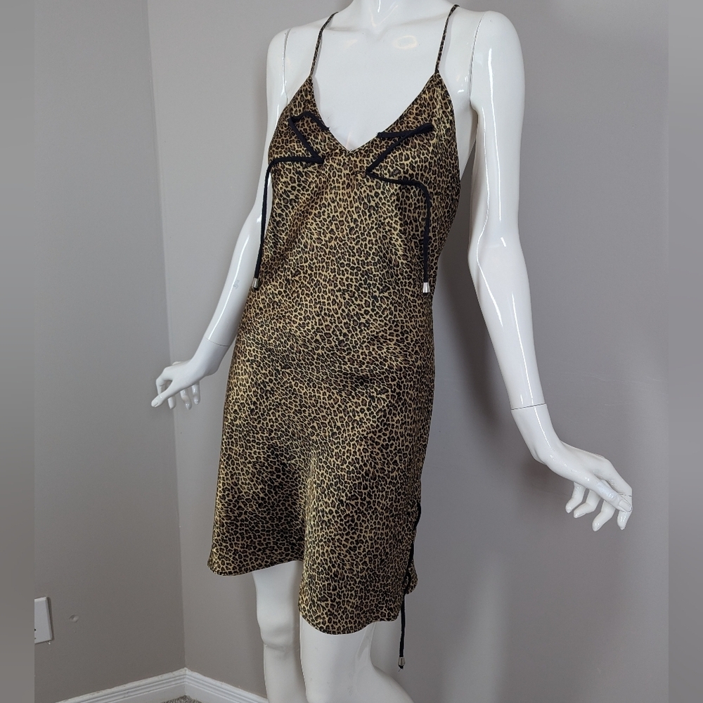 La Vie En Rose Vintage Leopard Slip Dress Open Back Lace Up Y2K 90s Lingerie Min